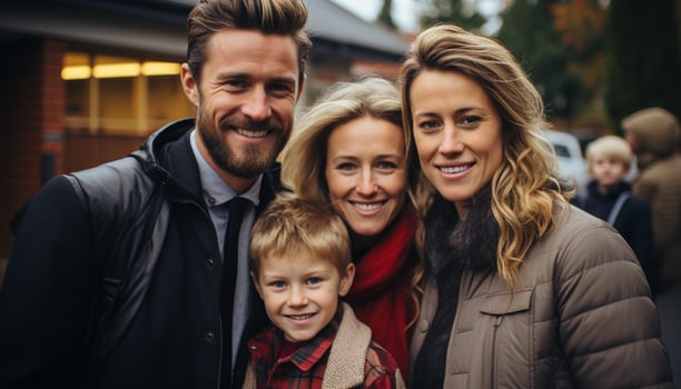 Smiling family outdoors, embracing nature, enjoying winter vacations together generated by AI photo