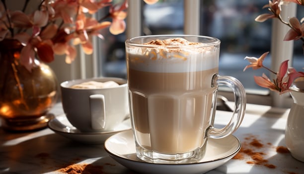 Fresh coffee on wooden table, a perfect morning refreshment generated by AI photo