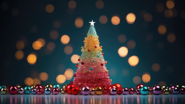christmas tree xmas holiday decoration with glitter bokeh background, generative ai photo
