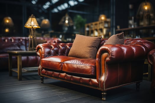 Stylish brown leather sofa in apartment. Generative AI photo