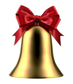 Golden glossy cut out bell with red bow AI generative. photo