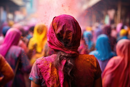 Indian people celebrating Holi festival at Thamel street, Kathmandu, Nepal, Indian people rear view celebrate the Holi festival in India. Colorful Holi background, AI Generated photo