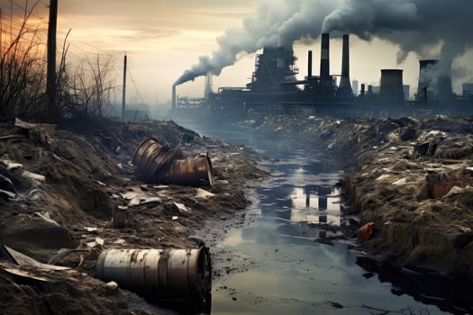 Pollution of the environment. Pollution of the environment. Industrial landscape, industrial landscape with polluted river, pollution of the environment, environmental disaster, AI Generated photo