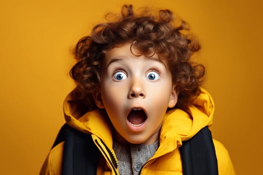 A image of Surprised curly boy in yellow jacket and backpack on yellow background back to school day concept Generative AI photo