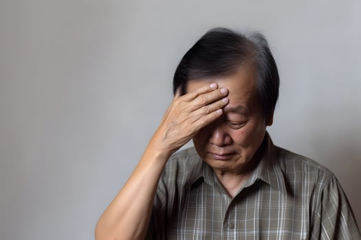 Dizziness or headache of Asian elder man. AI generative photo