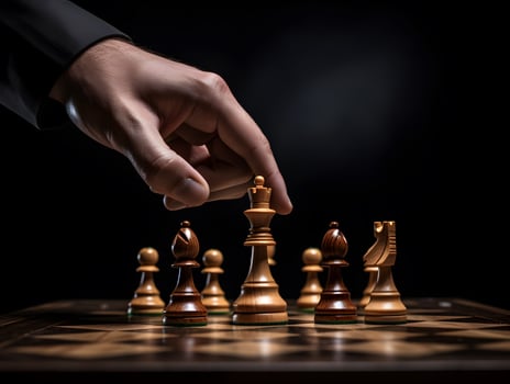 Hand of a businessman holds a chess piece. Strategy, tactics, game plan concept. photo