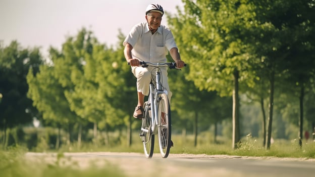 Cheerful senior man having riding bicycle at park. AI generative photo