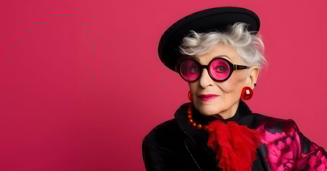 Fashionable elderly woman isolated on pink photo