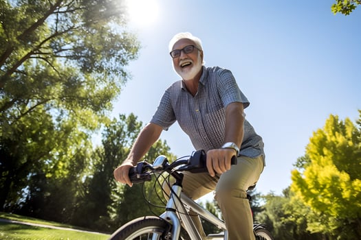 Cheerful senior man having riding bicycle at park. AI generative photo