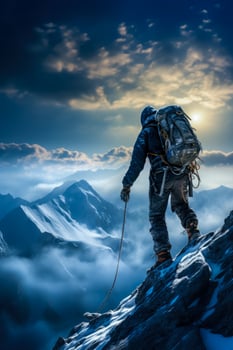 Determined climber reaching icy peak background with empty space for text photo
