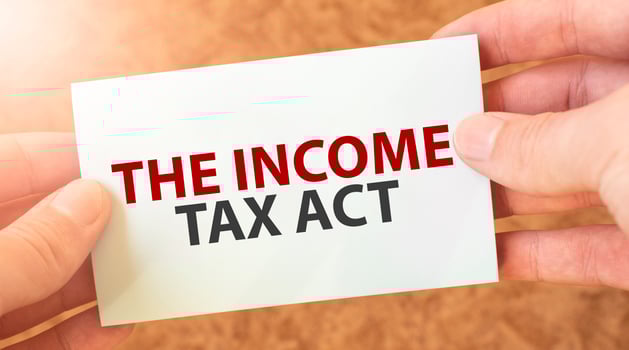 THE INCOME TAX ACT word inscription on white card paper sheet in hands of a businessman. recap concept. red and white paper photo