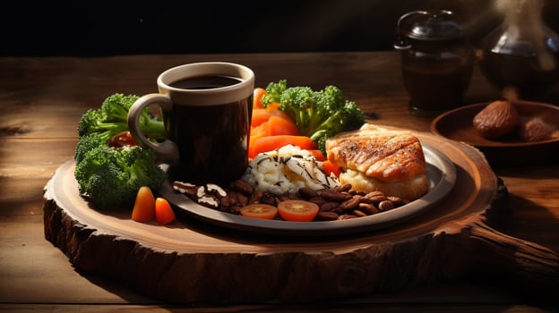 freshly cooked meal on rustic wood plate hot coffee photo