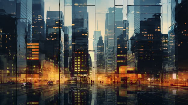 glass skyscrapers reflect city life at dusk photo