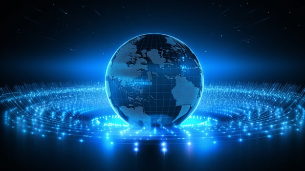 glowing blue sphere displays global data patterns photo