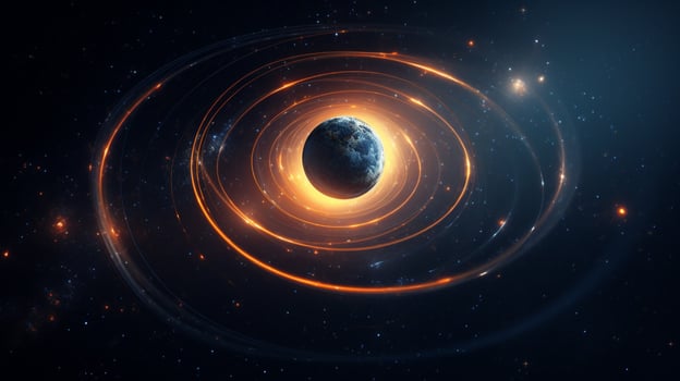 glowing satellite orbits planet in star filled galaxy photo