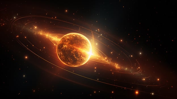 glowing satellite orbits planet in star filled galaxy photo