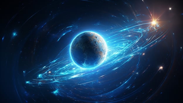 glowing sphere orbits blue planet in space photo