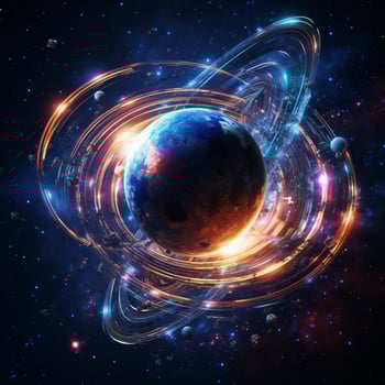 glowing spaceship orbits planet in starry galaxy photo