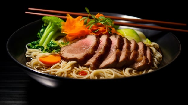 gourmet japanese meal ramen noodles pork vegetable cooked photo