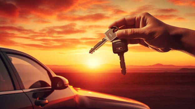 hand holding key driving car into sunset photo