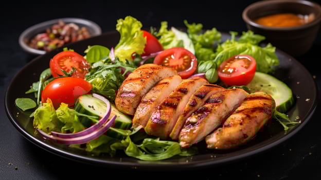 healthy eating grilled chicken fillet with fresh vegetable photo