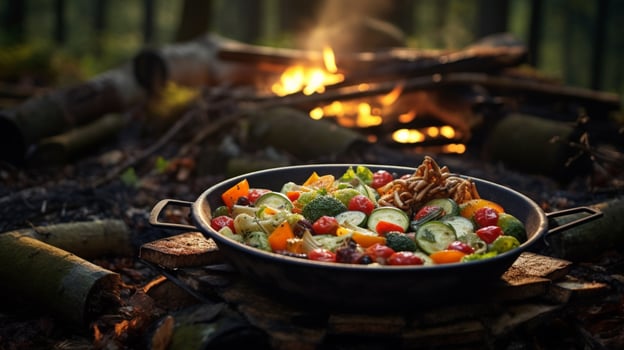 healthy vegetarian meal cooked outdoors on wood flame photo