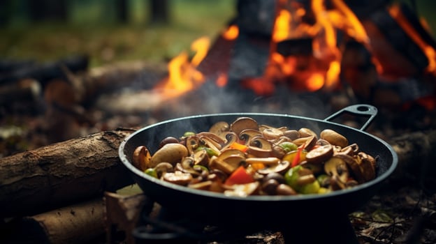 healthy vegetarian meal cooked outdoors on wood flame photo