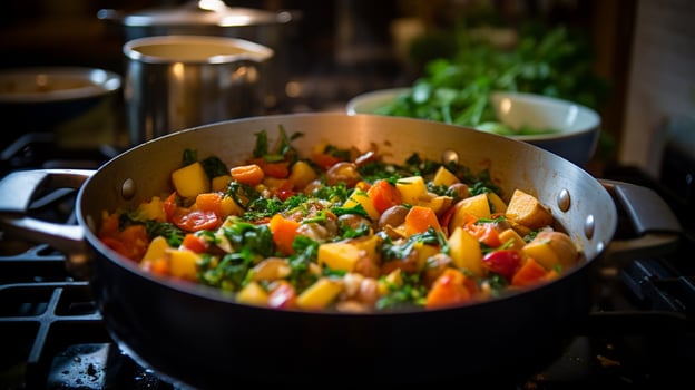 healthy vegetarian stew cooking on stove top in homemade photo