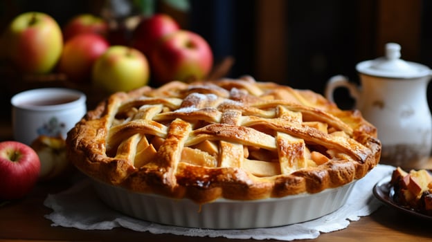 homemade apple pie baked with fresh fruit and rustic past photo