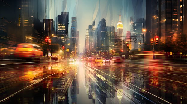 illuminated city skyline wet streets blurred motion photo