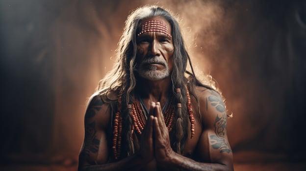 indigenous man praying looking at camera spirituality photo