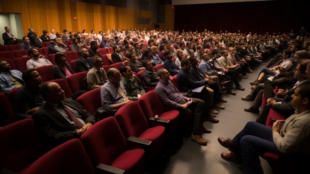 large group of people sitting in auditorium watching photo