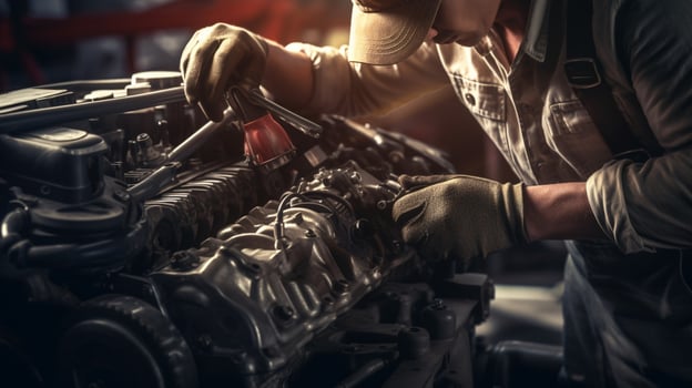 mechanic repairing car engine with wrench tool photo