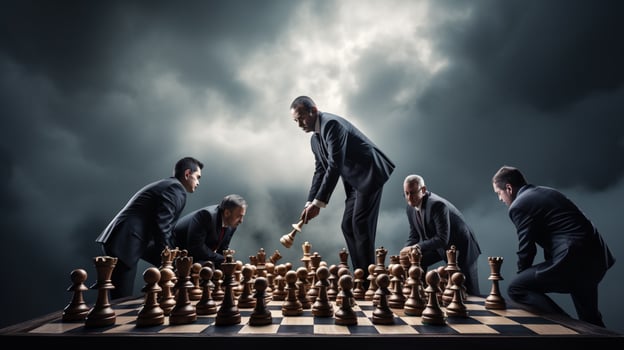 men battle on chess board teamwork stands out photo