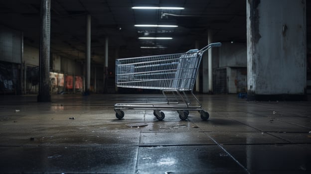 metallic shopping cart in empty supermarket photo