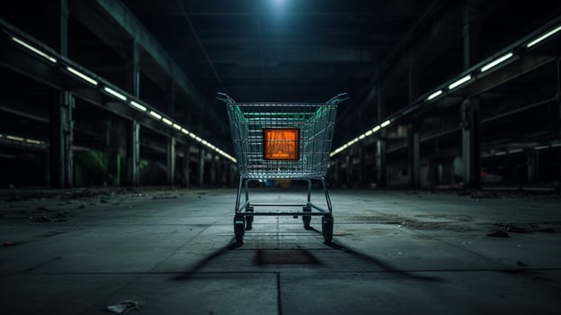 metallic shopping cart in empty supermarket photo
