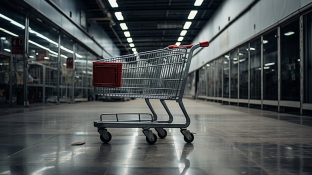 metallic shopping cart in empty supermarket photo