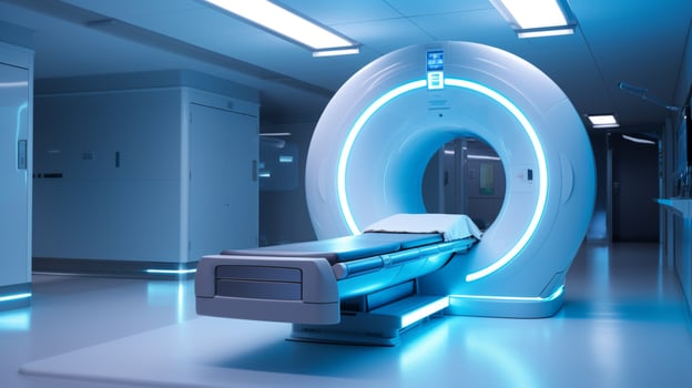 modern hospital machinery illuminates blue mri scanner photo