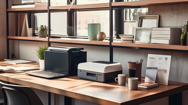 modern office equipment on wooden table indoors photo