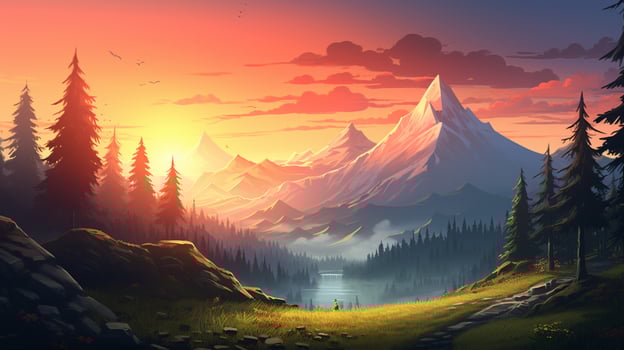 mountain peak and sunset amidst forest backdrop photo
