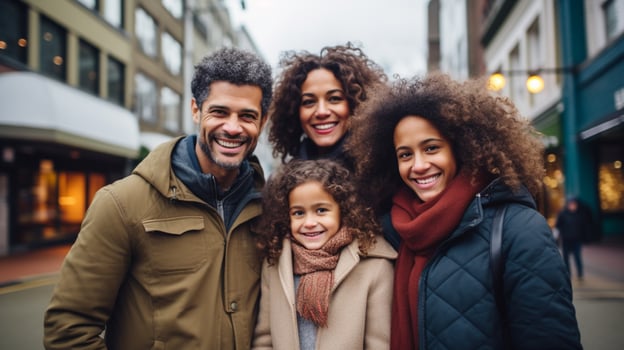 multi ethnic family smiling enjoying city life together photo