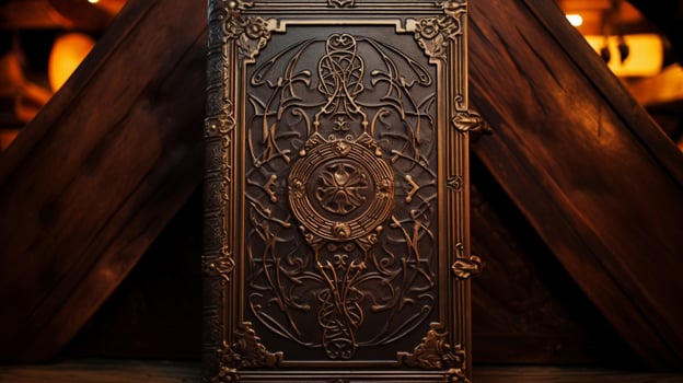 old fashioned book cover on ornate wooden box photo