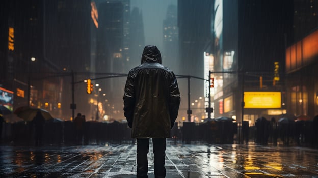 one man in raincoat alone in dark wet city photo