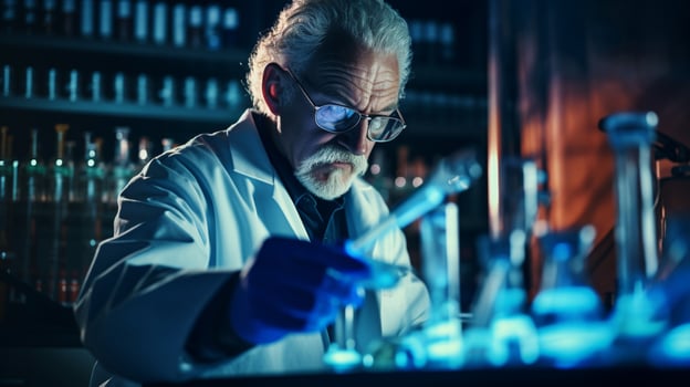 scientist analyzing liquid in test tube indoors photo