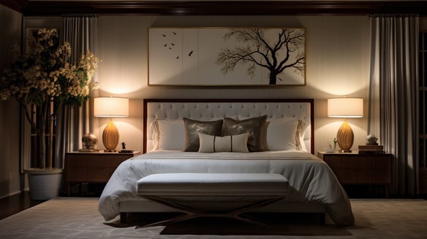 shiny antique lamp illuminates modern elegant bedroom photo