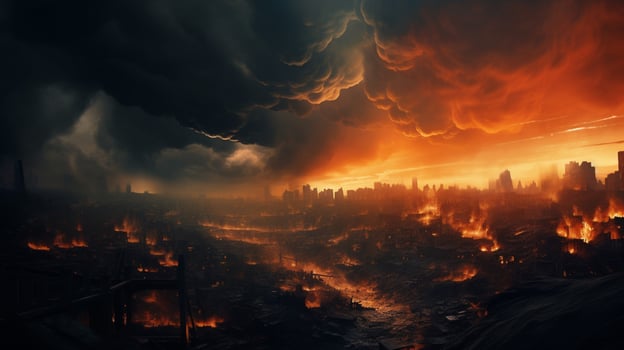 smoke filled skies over a burning cityscape photo