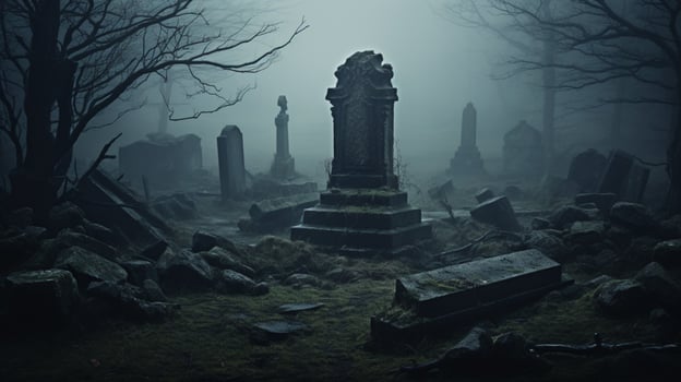 spooky old ruin mystery of ancient tombstone in foggy land photo