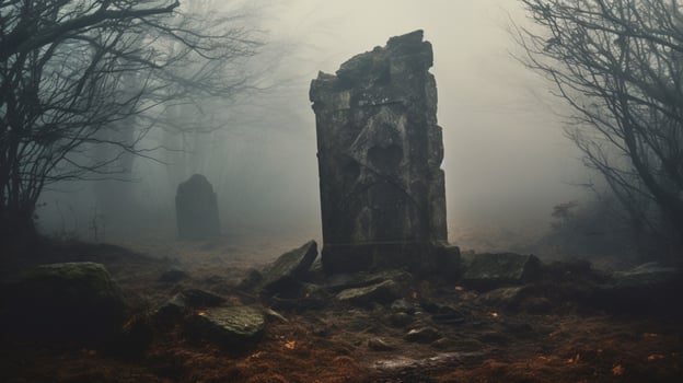 spooky old ruin mystery of ancient tombstone in foggy land photo