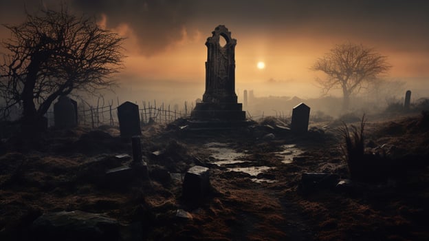 spooky old ruin mystery of ancient tombstone in foggy land photo