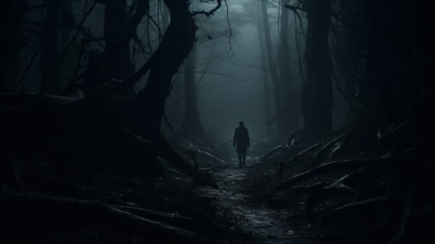 spooky one person walking in dark forest photo
